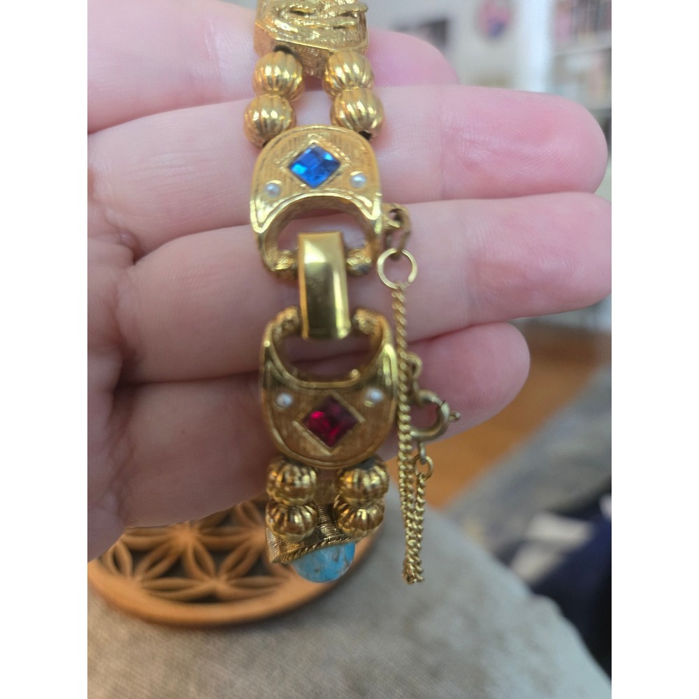 Unsigned Goldette Slide Charm Substantial Bracelet Cameo Snake Safety Chain - Picture 11 of 12